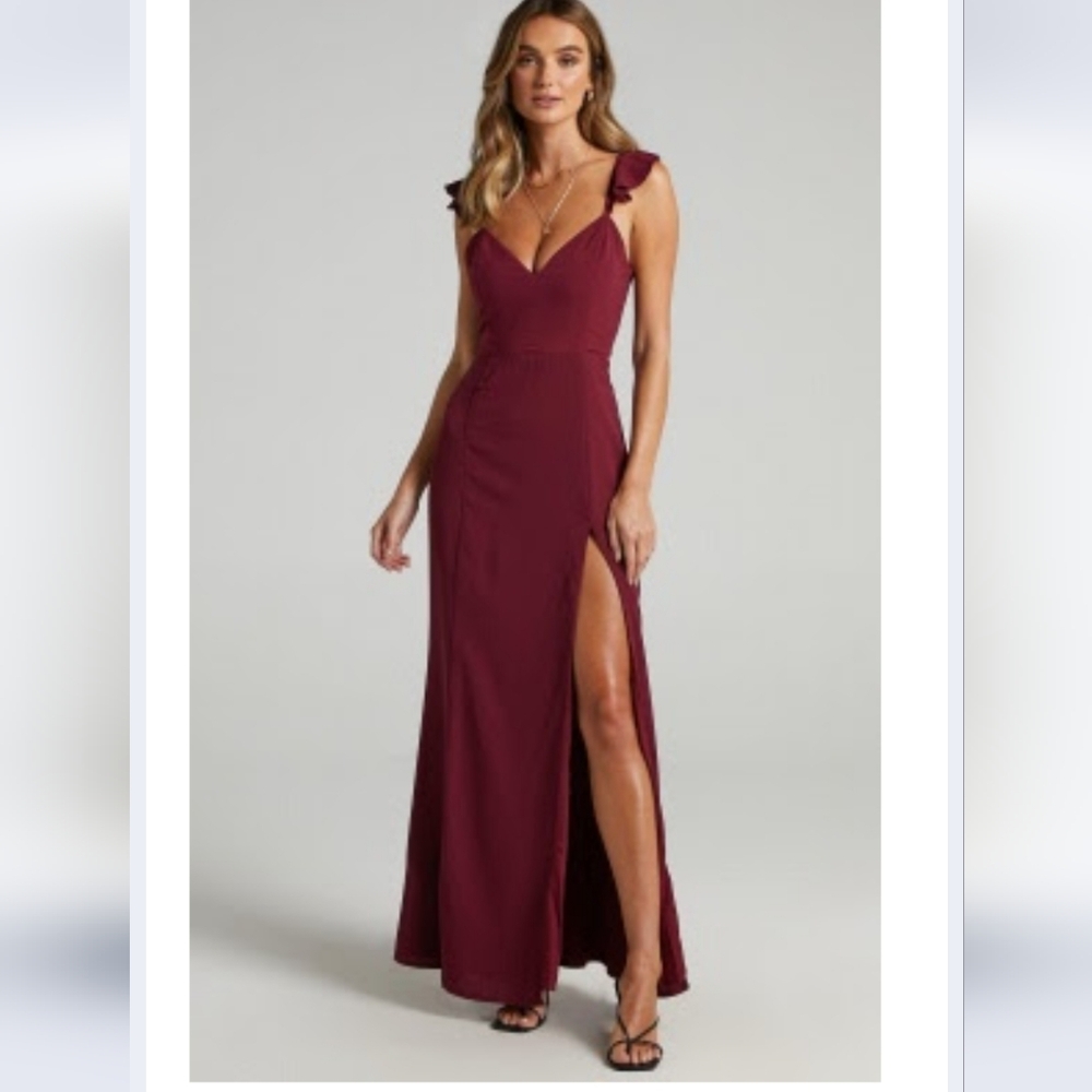 NEW Showpo Ruffle Strap Burgundy Wine Formal Maxi Dress